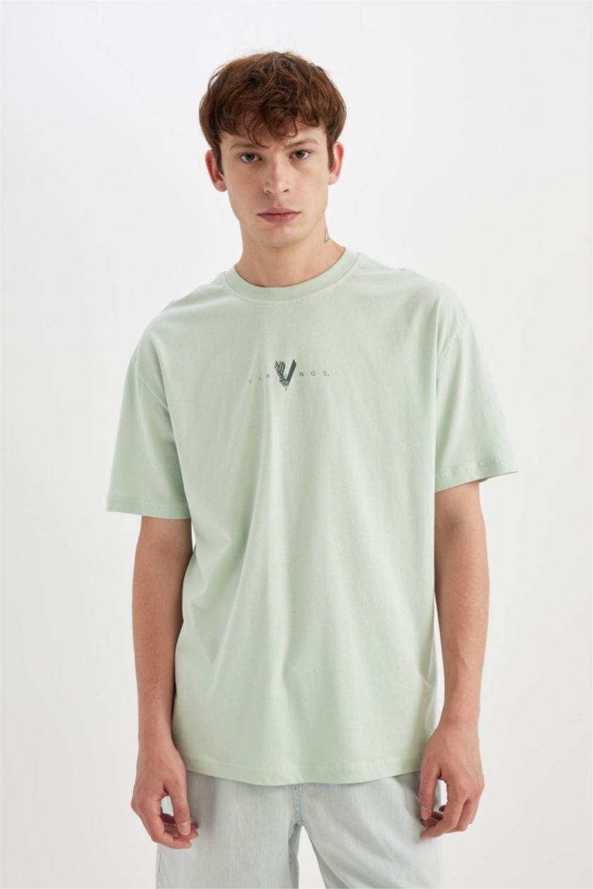 Erkek Mint %100 Pamuk Vikings Boxy Fit Bisiklet Yaka Sırt Baskılı Kısa Kollu Tişört