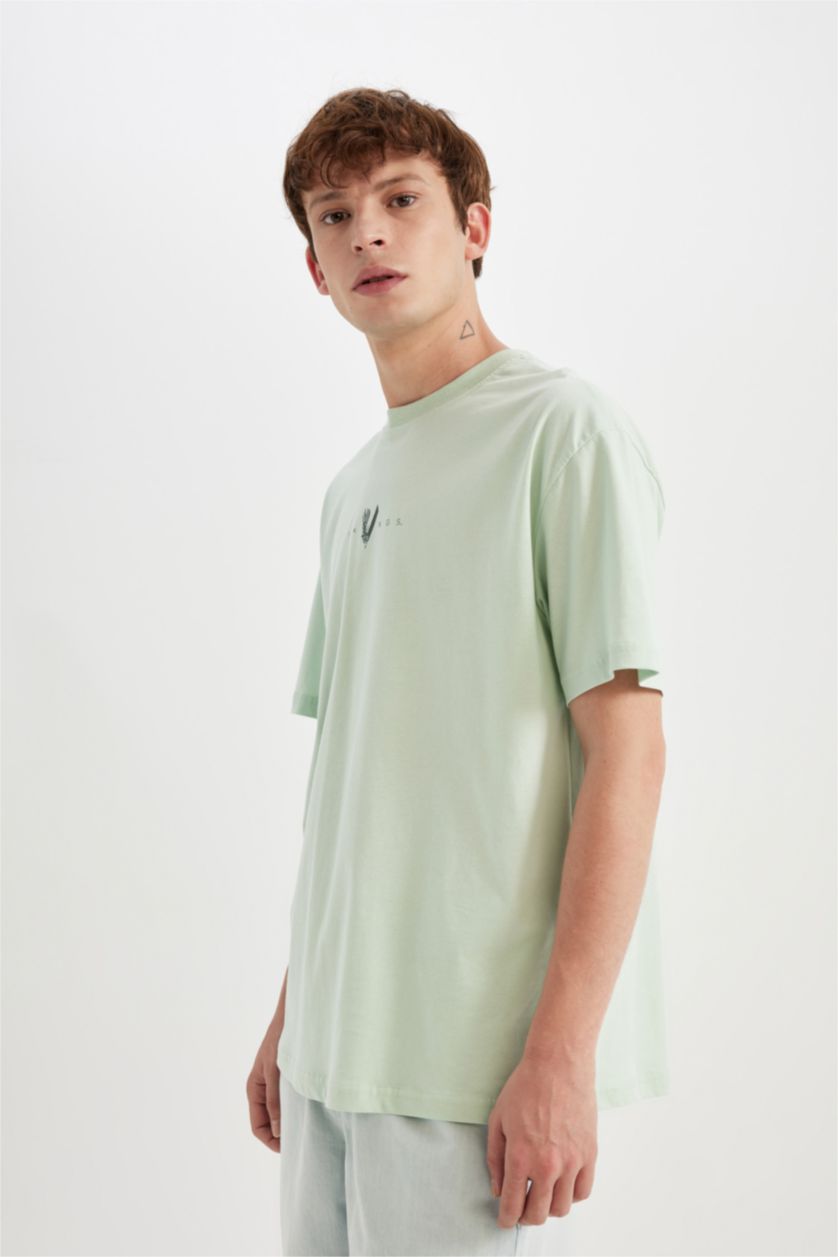 Erkek Mint %100 Pamuk Vikings Boxy Fit Bisiklet Yaka Sırt Baskılı Kısa Kollu Tişört