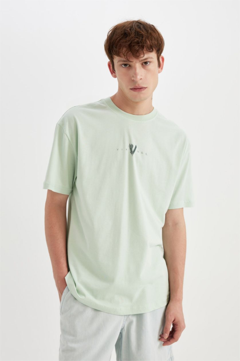 Erkek Mint %100 Pamuk Vikings Boxy Fit Bisiklet Yaka Sırt Baskılı Kısa Kollu Tişört