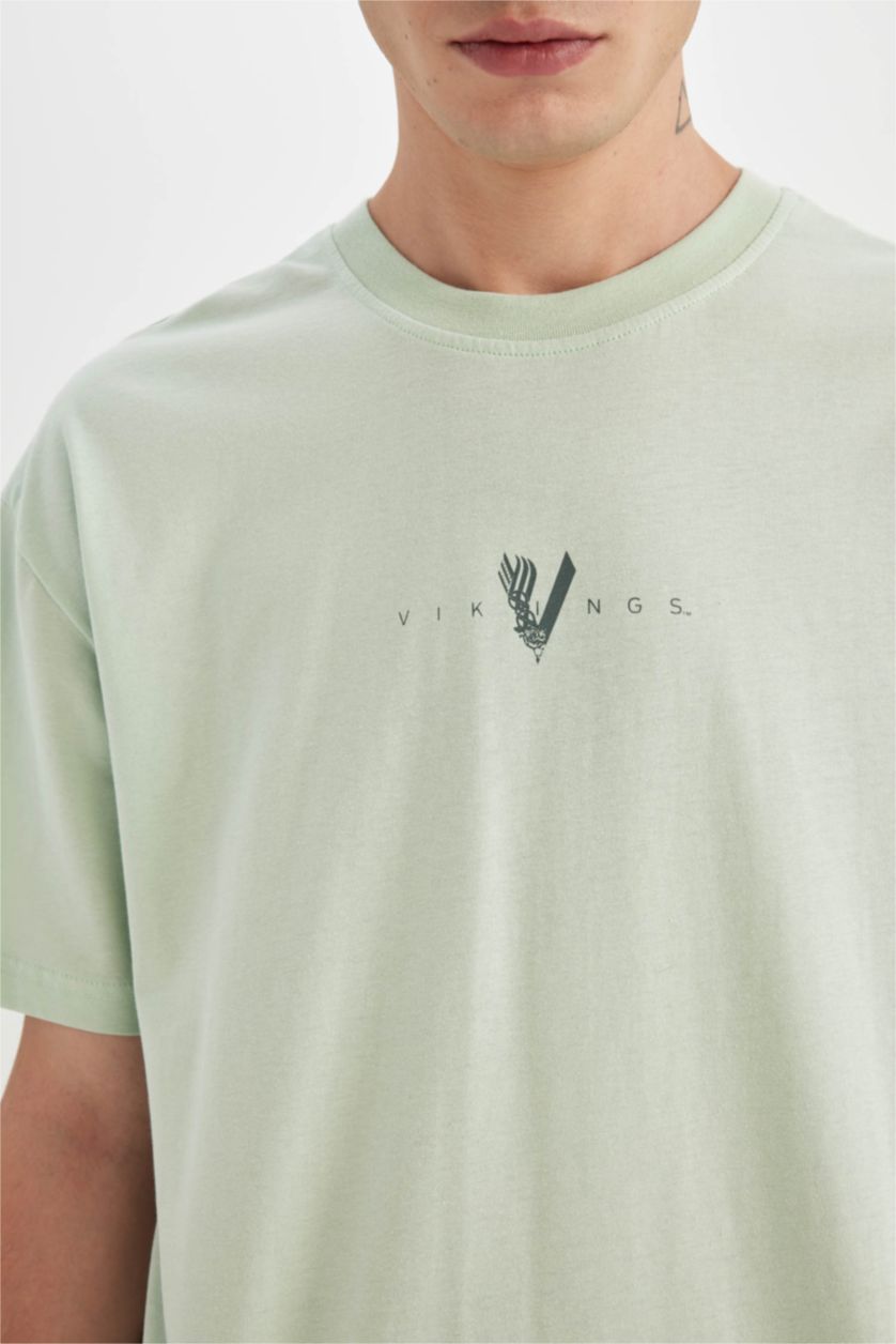 Erkek Mint %100 Pamuk Vikings Boxy Fit Bisiklet Yaka Sırt Baskılı Kısa Kollu Tişört