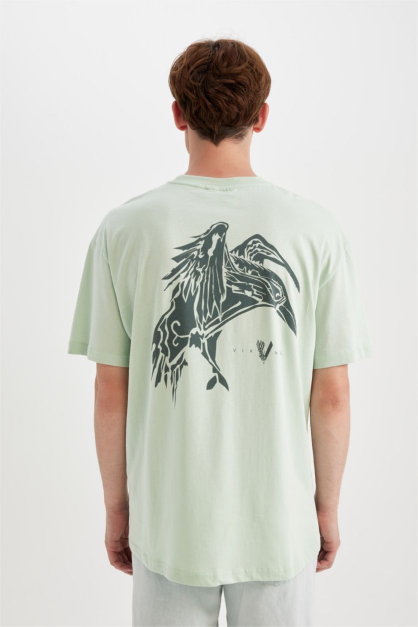 Erkek Mint %100 Pamuk Vikings Boxy Fit Bisiklet Yaka Sırt Baskılı Kısa Kollu Tişört