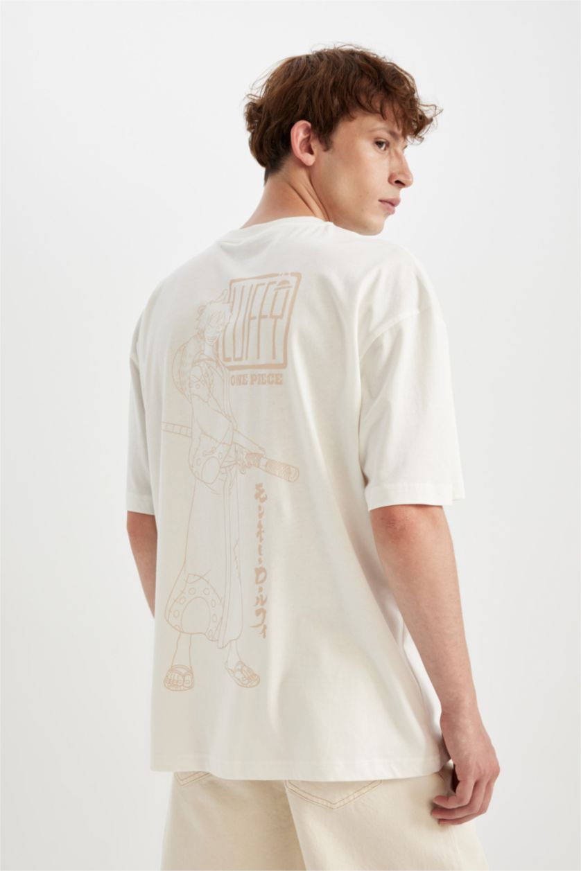 Erkek Ekru %100 Pamuk One Piece Oversize Geniş Kalıp Bisiklet Yaka Kısa Kollu Tişört