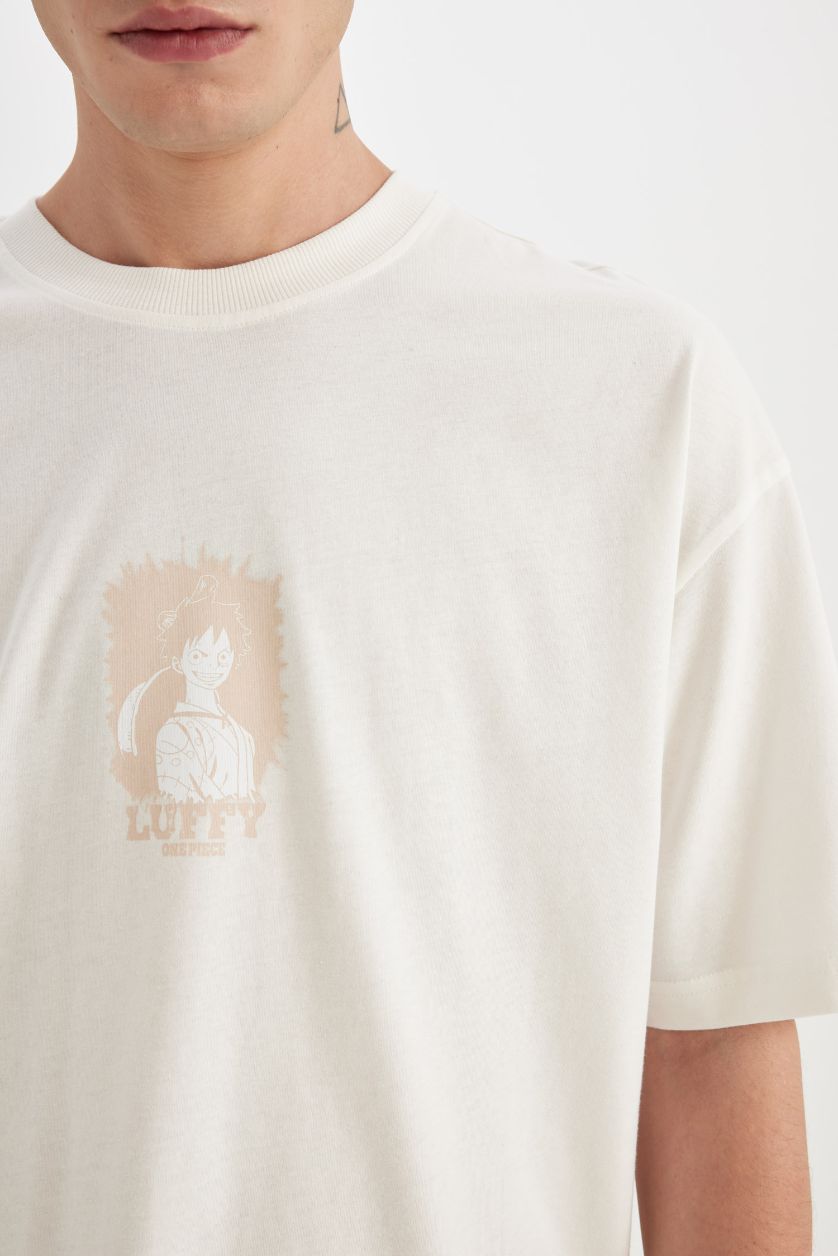 Erkek Ekru %100 Pamuk One Piece Oversize Geniş Kalıp Bisiklet Yaka Kısa Kollu Tişört