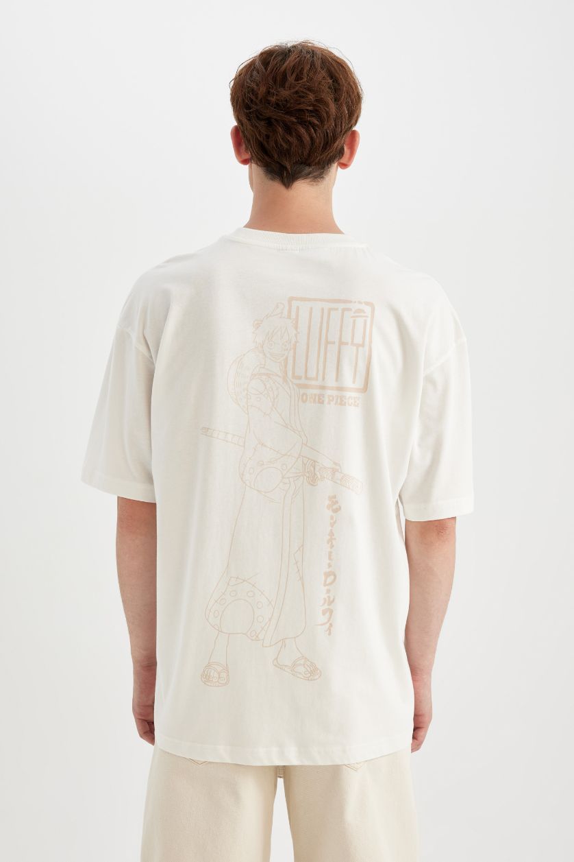 Erkek Ekru %100 Pamuk One Piece Oversize Geniş Kalıp Bisiklet Yaka Kısa Kollu Tişört