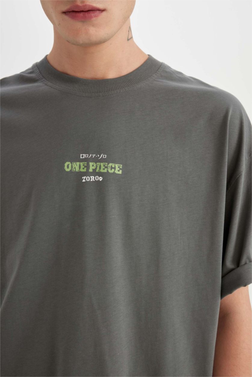 رجالي رمادي تيشيرت قطن نص كم مطبوع قصة فضفاضة من ون بيس