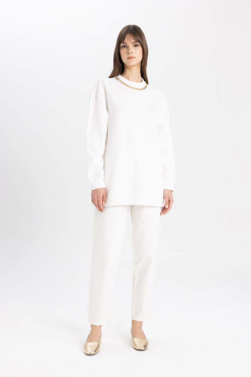 WOMAN Ecru Regular Fit Chain Detailed Crew Neck Sweatshirt Tunic