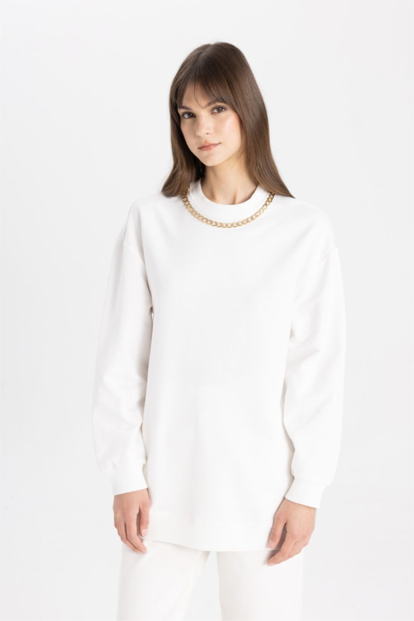 WOMAN Ecru Regular Fit Chain Detailed Crew Neck Sweatshirt Tunic