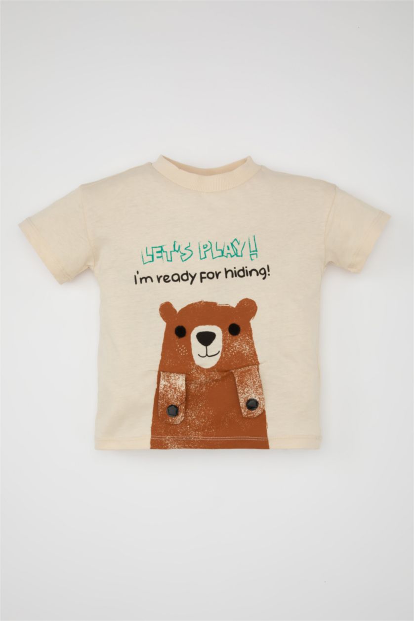 BÉBÉ GARÇON Beige T-Shirt à Manches Courtes à Motifs D'Animaux pour Bébé Garçon
