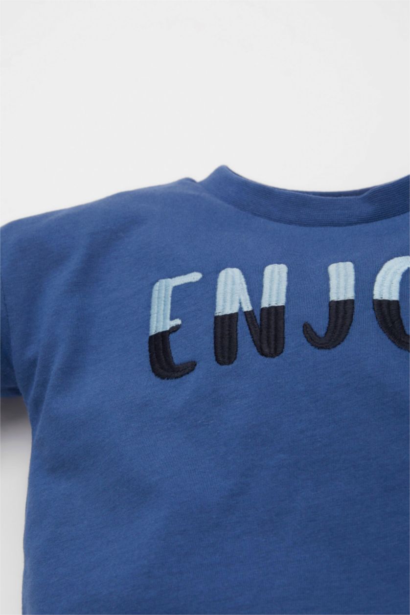 Erkek Bebek İndigo Bisiklet Yaka Baskılı Kısa Kollu Tişört Erkek Bebek