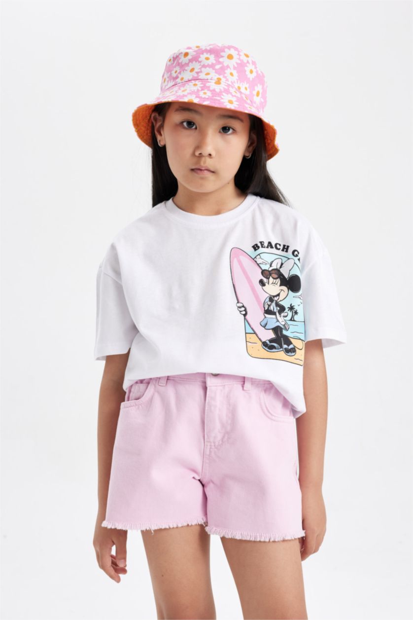 بنات Violet Beyaz تيشيرت نص ردن بناتي قصة مريحة من ديزني ميكي ماوس