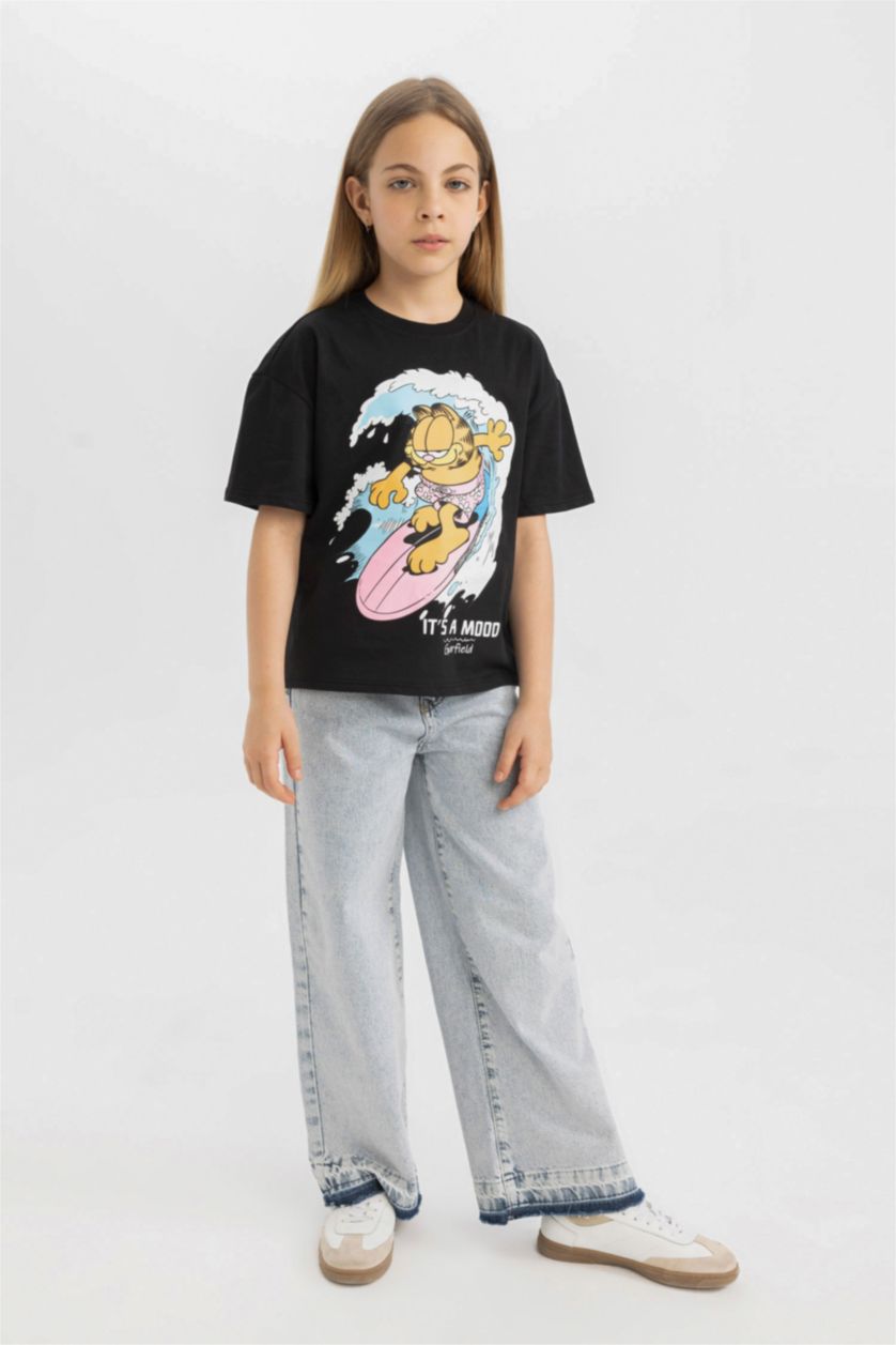Kız Çocuk - Genç Kız Siyah Garfield Relax Fit Bisiklet Yaka Kısa Kollu Tişört Kız Çocuk