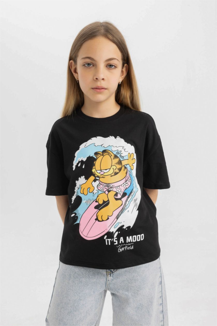 Kız Çocuk - Genç Kız Siyah Garfield Relax Fit Bisiklet Yaka Kısa Kollu Tişört Kız Çocuk