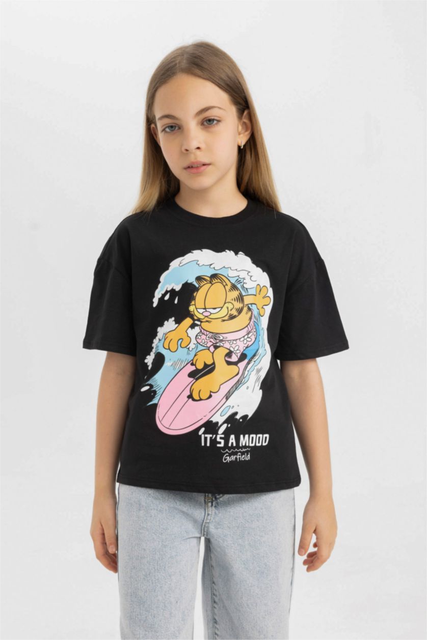 Kız Çocuk - Genç Kız Siyah Garfield Relax Fit Bisiklet Yaka Kısa Kollu Tişört Kız Çocuk