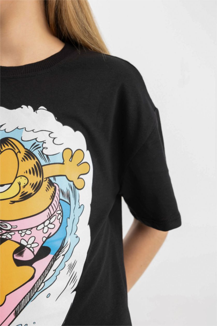 Kız Çocuk - Genç Kız Siyah Garfield Relax Fit Bisiklet Yaka Kısa Kollu Tişört Kız Çocuk