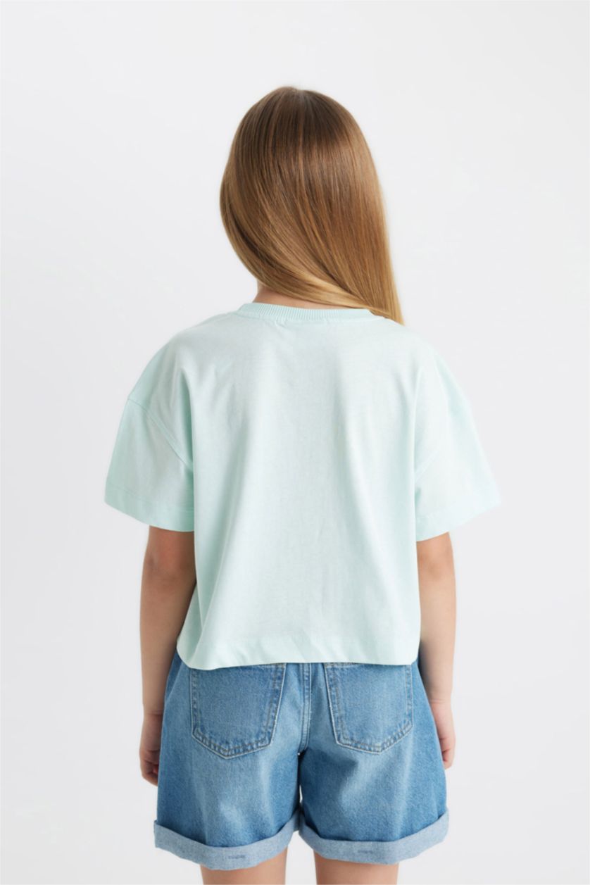 Kız Çocuk - Genç Kız Deniz Mavisi Disney Prenses Bisiklet Yaka Kısa Kollu Tişört Kız Çocuk