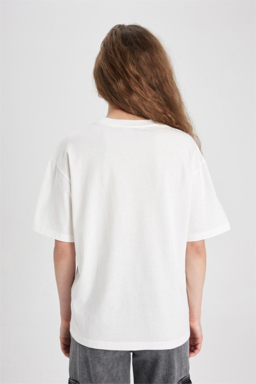 Woman White Loose Fit Crew Neck Short Sleeve T-Shirt