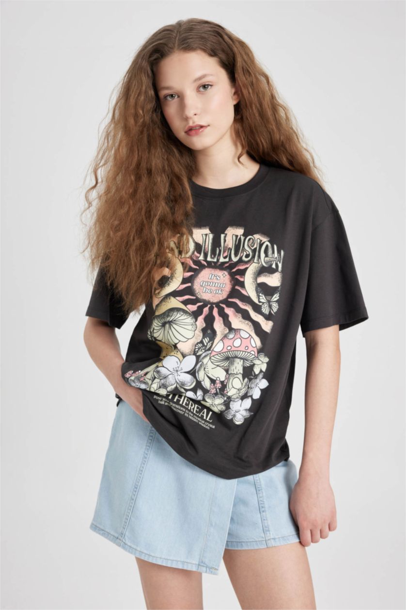 WOMAN Anthracite Loose Fit Crew Neck Short Sleeve T-Shirt