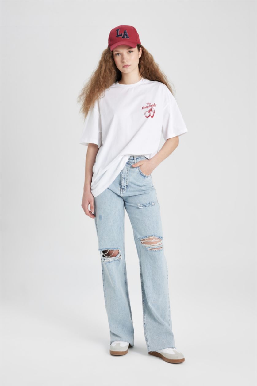 نساء اوف وايت تيشيرت نص ردن اوفر سايز بياخة مستديرة