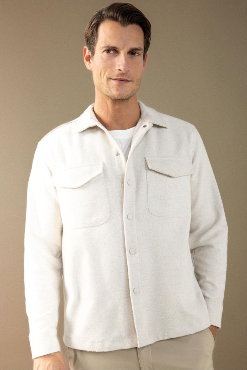 Erkek Bej Relax Fit Akrilik Karışımlı Düz Uzun Kollu Gömlek Ceket