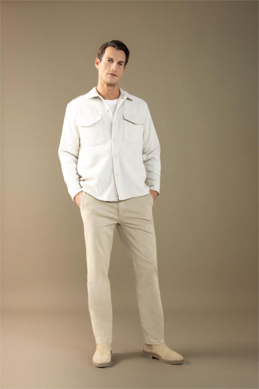 Erkek Bej Relax Fit Akrilik Karışımlı Düz Uzun Kollu Gömlek Ceket