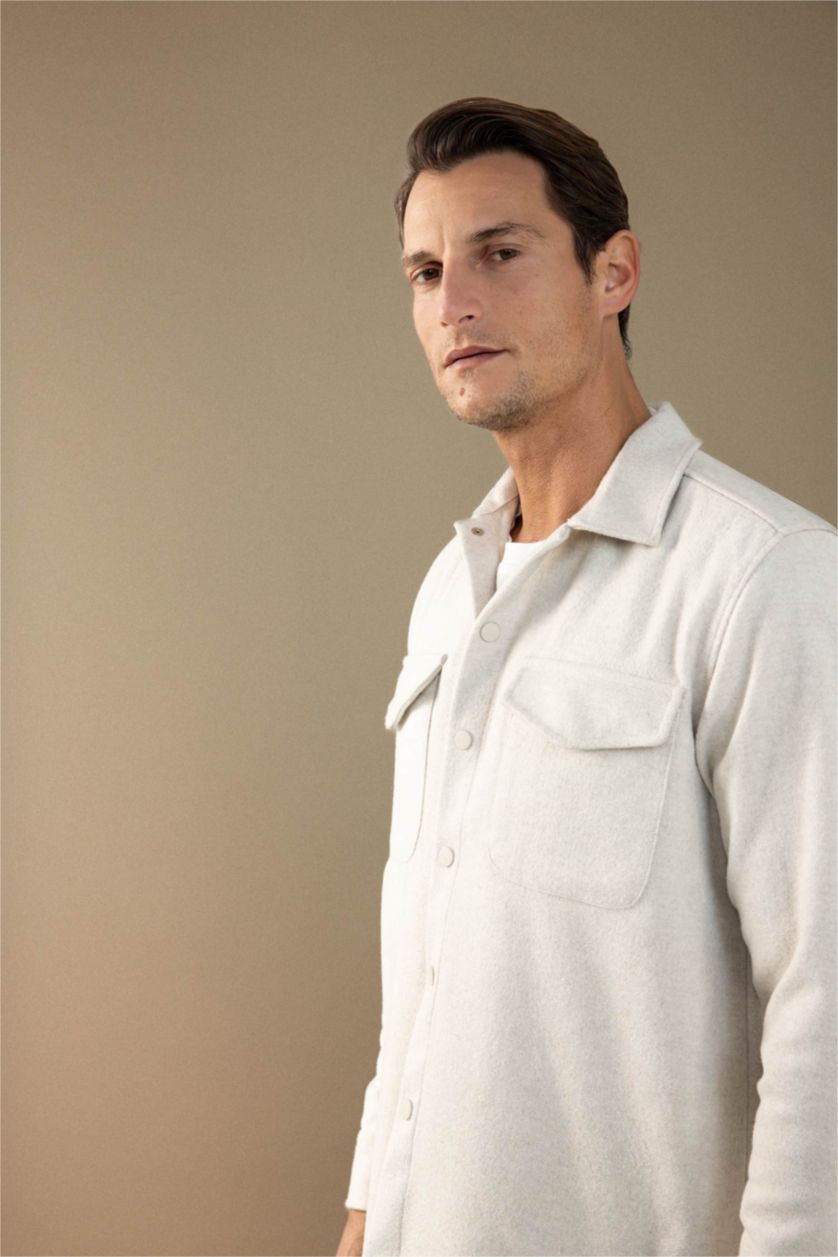 Erkek Bej Relax Fit Akrilik Karışımlı Düz Uzun Kollu Gömlek Ceket