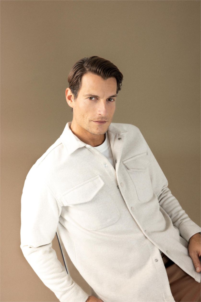 Erkek Bej Relax Fit Akrilik Karışımlı Düz Uzun Kollu Gömlek Ceket