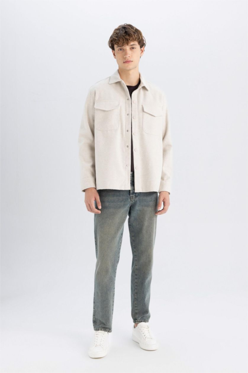 Erkek Bej Relax Fit Akrilik Karışımlı Düz Uzun Kollu Gömlek Ceket