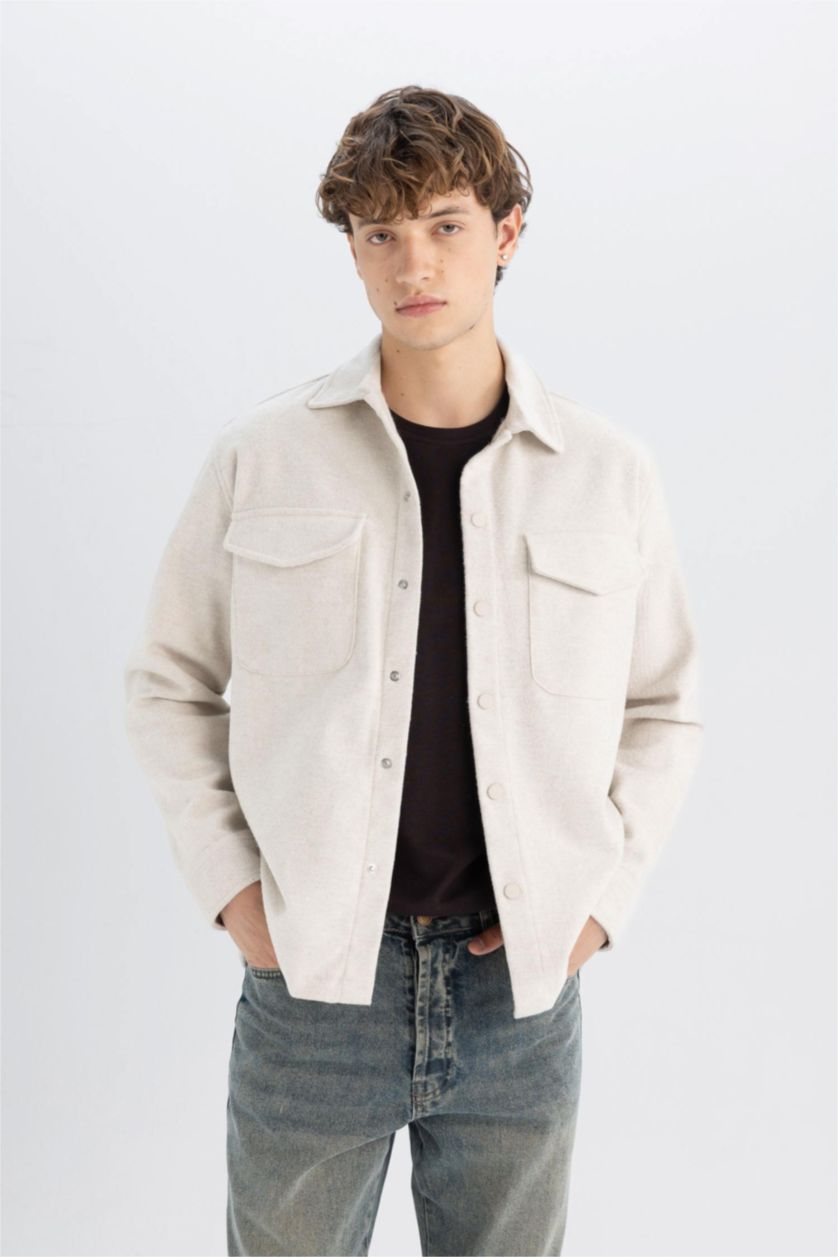 Erkek Bej Relax Fit Akrilik Karışımlı Düz Uzun Kollu Gömlek Ceket