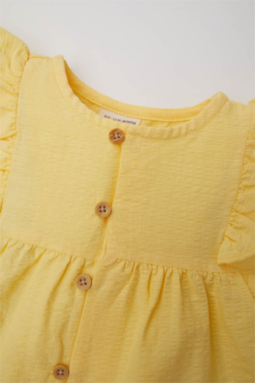 Kız Bebek Sarı Bisiklet Yaka Gofre Dokulu Kısa Kollu Gömlek Kız Bebek