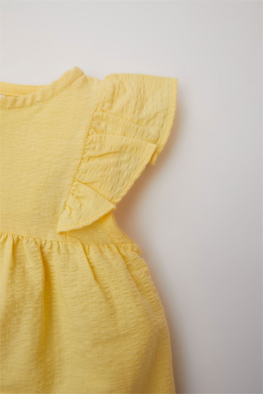 Kız Bebek Sarı Bisiklet Yaka Gofre Dokulu Kısa Kollu Gömlek Kız Bebek