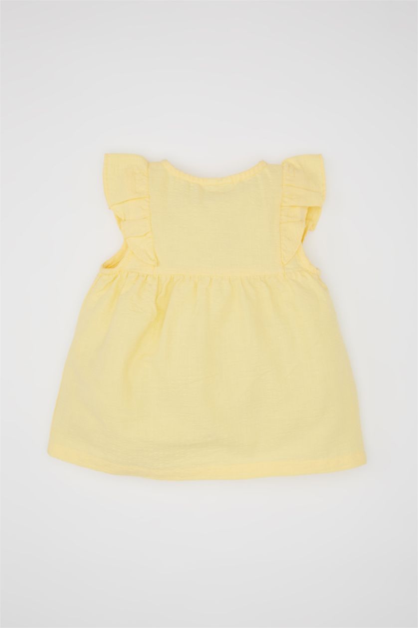 Kız Bebek Sarı Bisiklet Yaka Gofre Dokulu Kısa Kollu Gömlek Kız Bebek