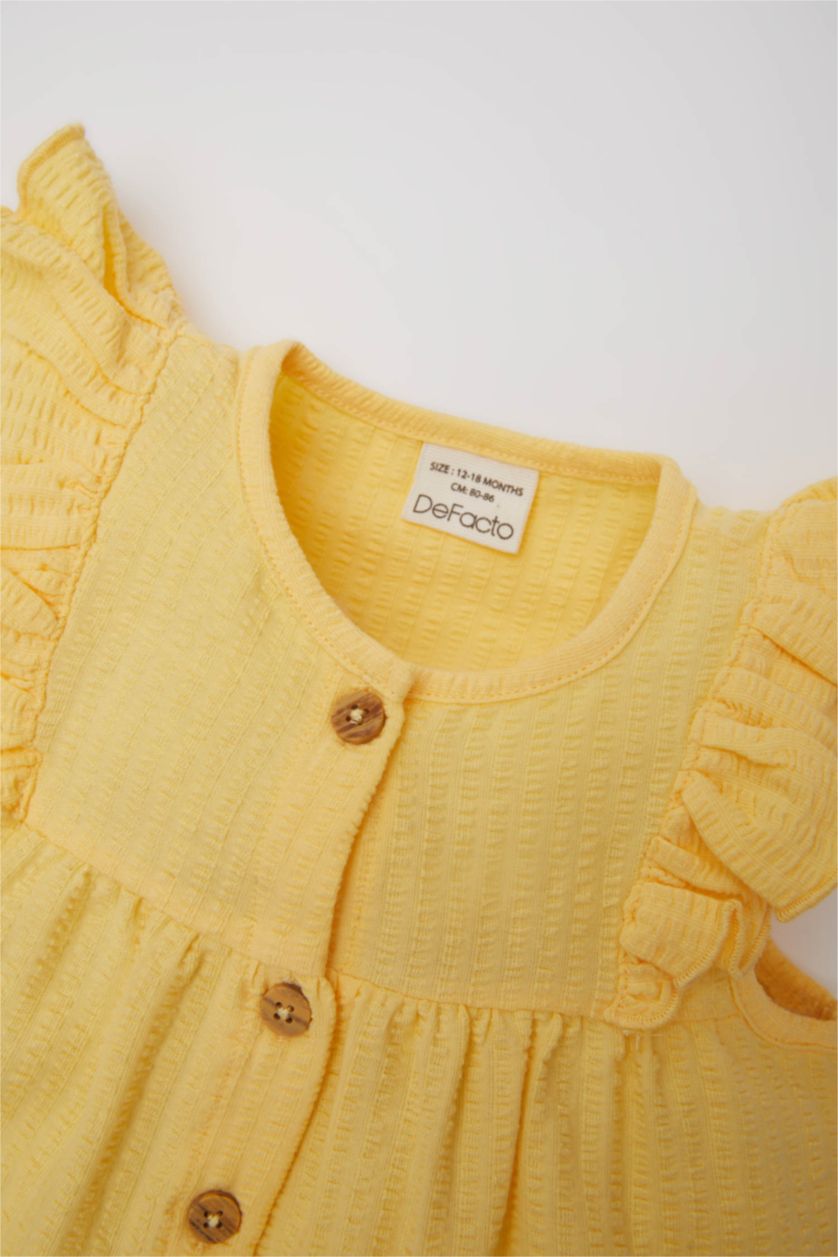 Kız Bebek Sarı Bisiklet Yaka Gofre Dokulu Kısa Kollu Gömlek Kız Bebek