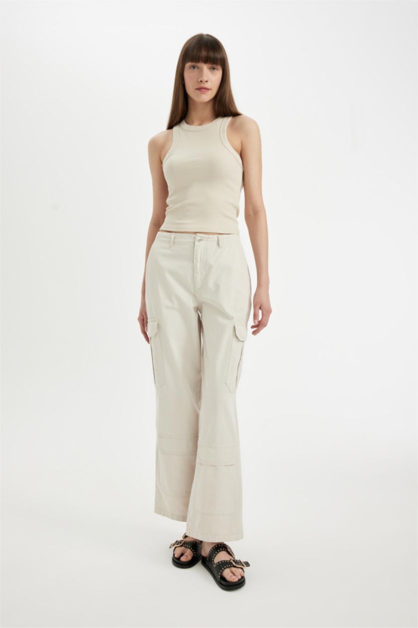 Kadın Taş Gabardin Pantolon Wide Leg Geniş Bol Paça Kargo Cepli Normal Bel Basic Düz Standart Boy