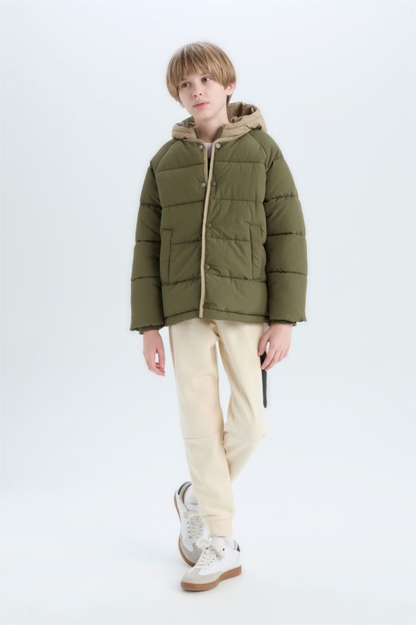 Мальчики и подростки Темно-зеленый Дутая куртка водоотталкивающая с капюшоном для мальчиков