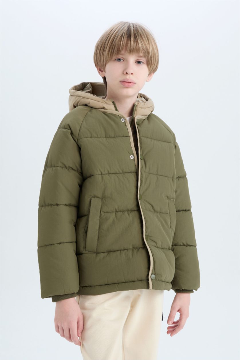 Мальчики и подростки Темно-зеленый Дутая куртка водоотталкивающая с капюшоном для мальчиков