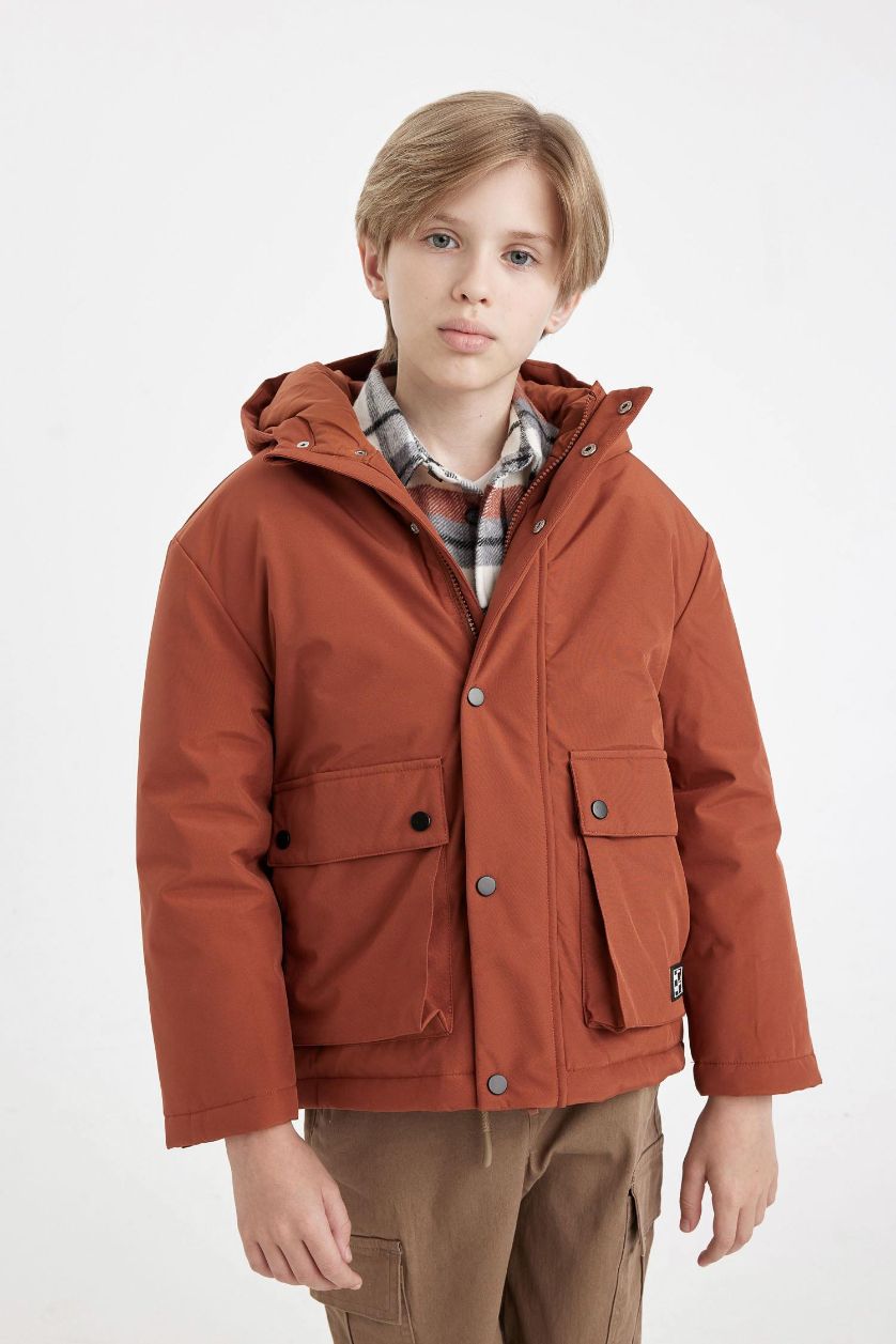 Boys & Teens Light Brown Boy Hooded Water Repellent Puffer Jacket