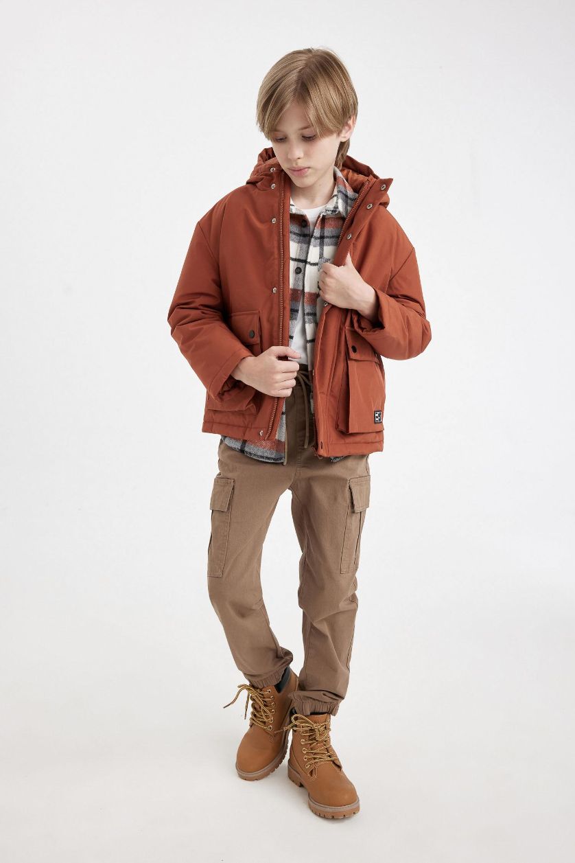 Boys & Teens Light Brown Boy Hooded Water Repellent Puffer Jacket