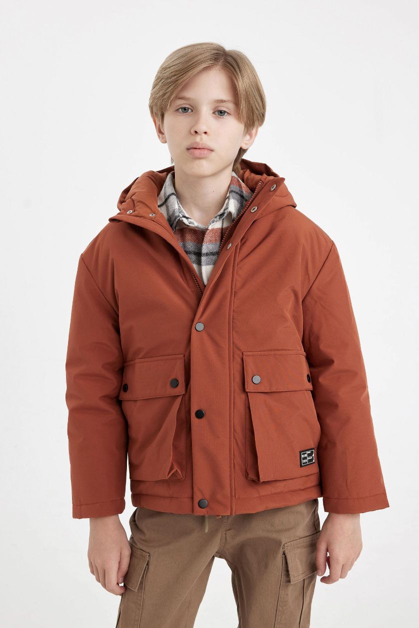 Boys & Teens Light Brown Boy Hooded Water Repellent Puffer Jacket