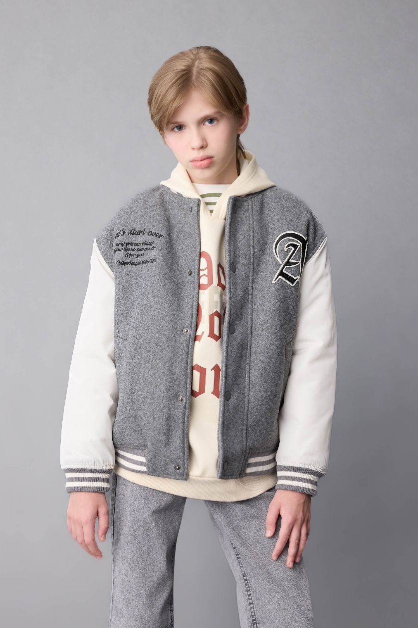 Erkek Çocuk - Genç Erkek Koyu Gri Melange Kolej Yaka Çıtçıtlı Cepli Bomber Mont Ceket Erkek Çocuk