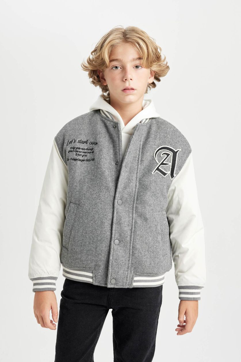 Erkek Çocuk - Genç Erkek Koyu Gri Melange Kolej Yaka Çıtçıtlı Cepli Bomber Mont Ceket Erkek Çocuk