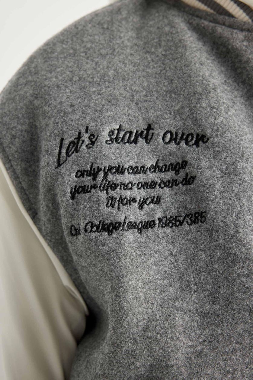 Erkek Çocuk - Genç Erkek Koyu Gri Melange Kolej Yaka Çıtçıtlı Cepli Bomber Mont Ceket Erkek Çocuk