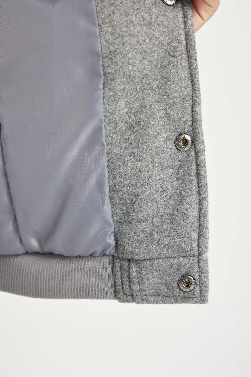 Erkek Çocuk - Genç Erkek Koyu Gri Melange Kolej Yaka Çıtçıtlı Cepli Bomber Mont Ceket Erkek Çocuk