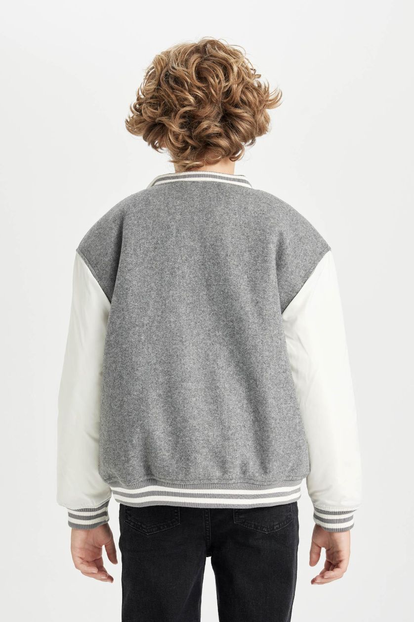 Erkek Çocuk - Genç Erkek Koyu Gri Melange Kolej Yaka Çıtçıtlı Cepli Bomber Mont Ceket Erkek Çocuk