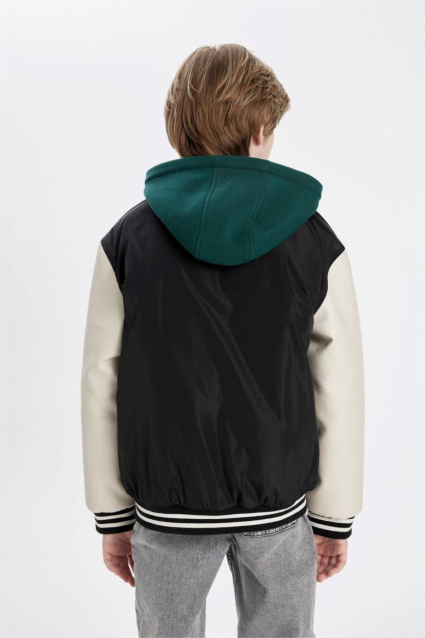 Erkek Çocuk - Genç Erkek Siyah Çıkarılabilir Kapüşonlu Kolej Yaka Fermuarlı Bomber Ceket Mont Erkek Çocuk