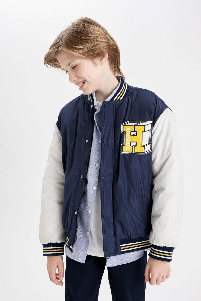 Erkek Çocuk - Genç Erkek Lacivert Okul Su Geçirmez Kolej Yaka Bomber Mont Erkek Çocuk