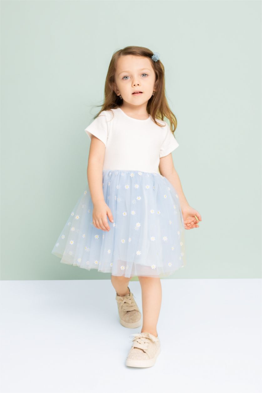 BÉBÉ FILLE BLEU Clair Robe à Manches Courtes en Coton Côtelé à Motif Floral pour Bébé Fille