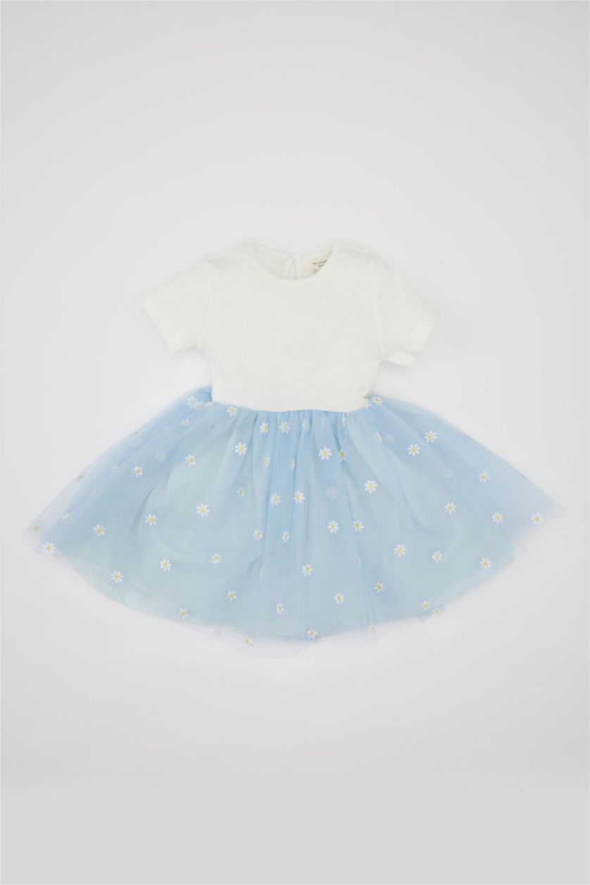 BÉBÉ FILLE BLEU Clair Robe à Manches Courtes en Coton Côtelé à Motif Floral pour Bébé Fille