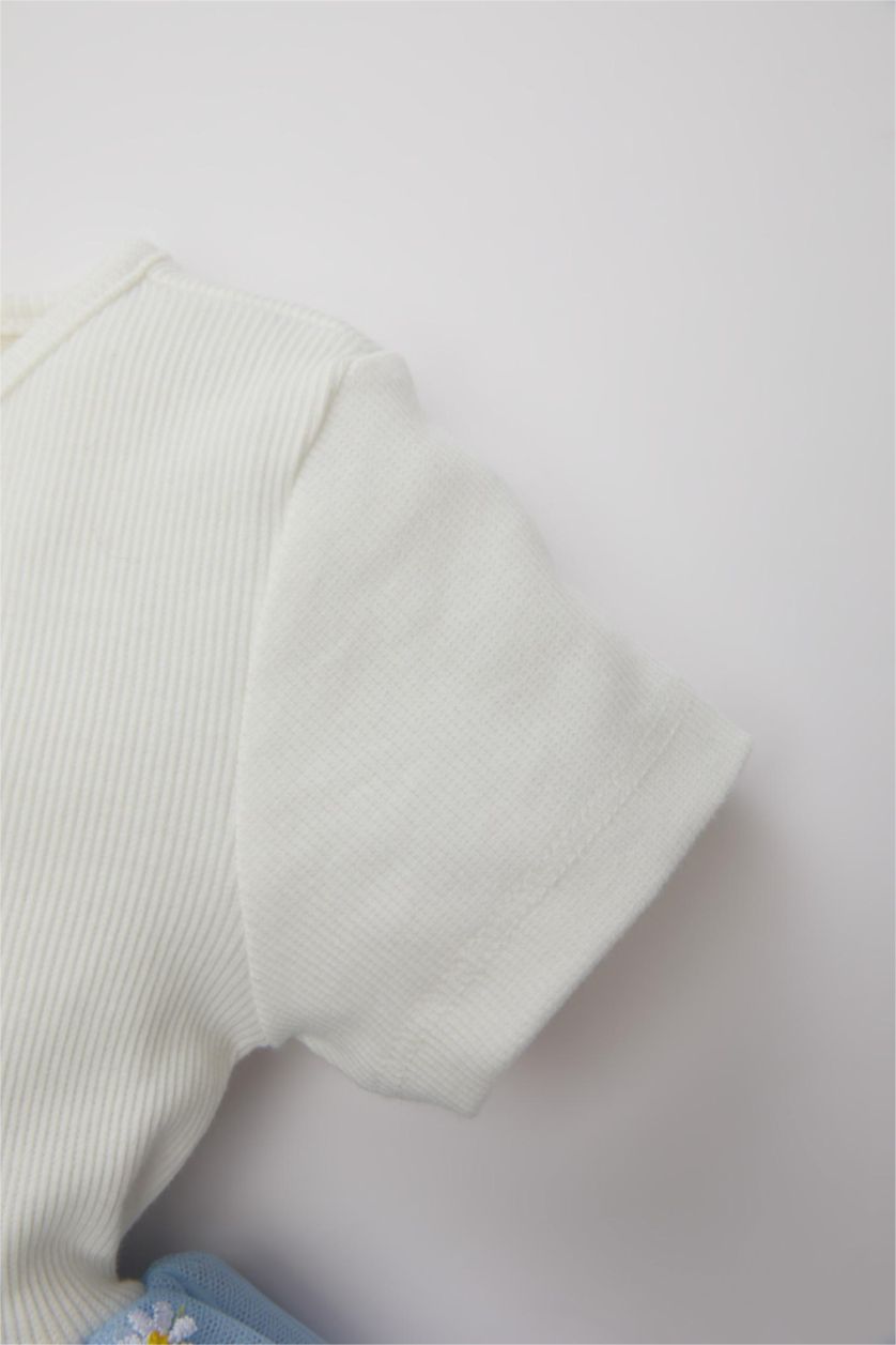 BÉBÉ FILLE BLEU Clair Robe à Manches Courtes en Coton Côtelé à Motif Floral pour Bébé Fille