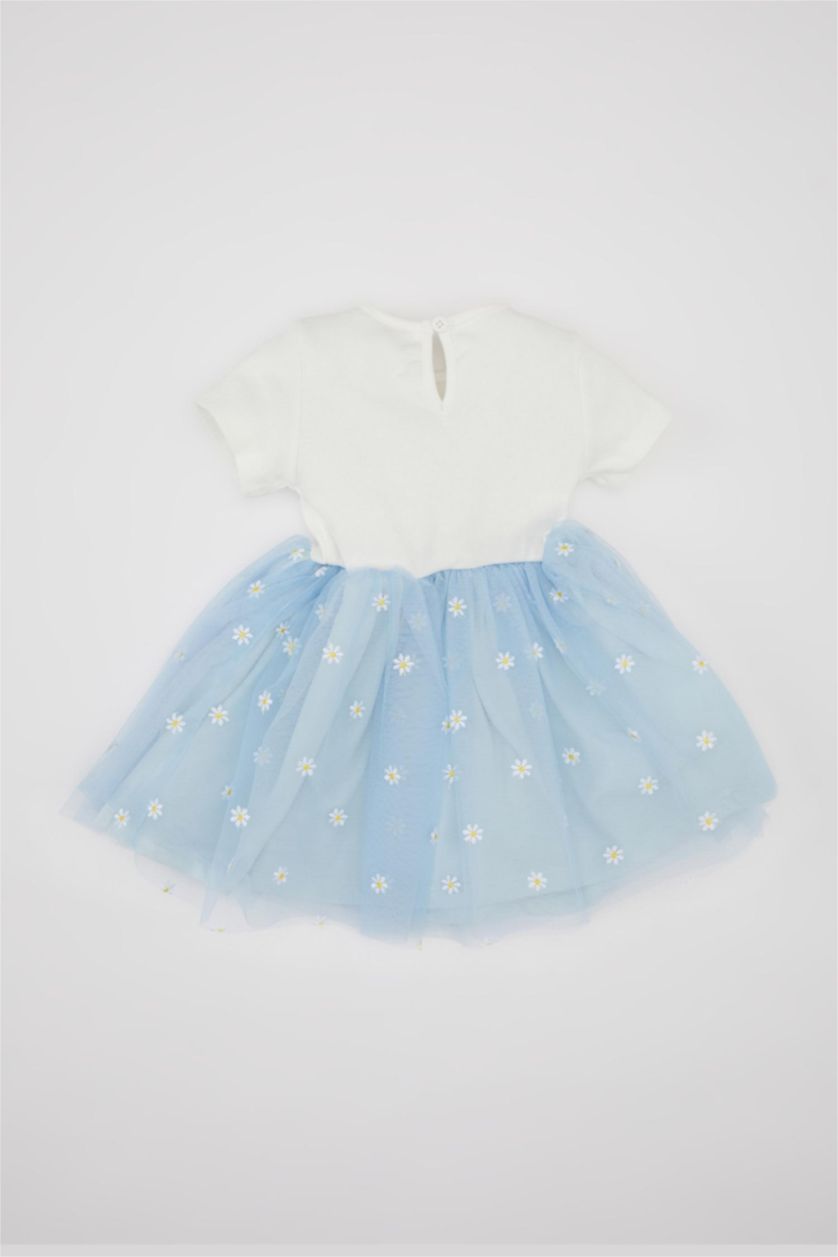 BÉBÉ FILLE BLEU Clair Robe à Manches Courtes en Coton Côtelé à Motif Floral pour Bébé Fille