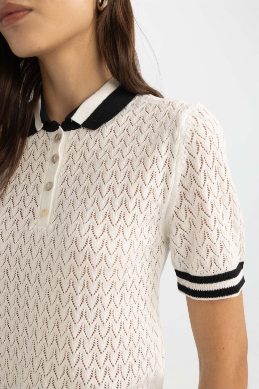 Woman Ecru Regular Fit Polo Collar Pullover